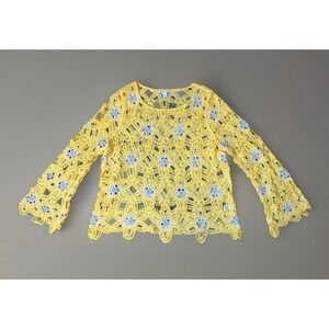 Cato LARGE Butter Yellow Floral Crochet Sweater Scallop Bell Sleeve Boho Cottage